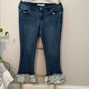 Dark Wash Women’s Jeans with Printed Ruffle Hem